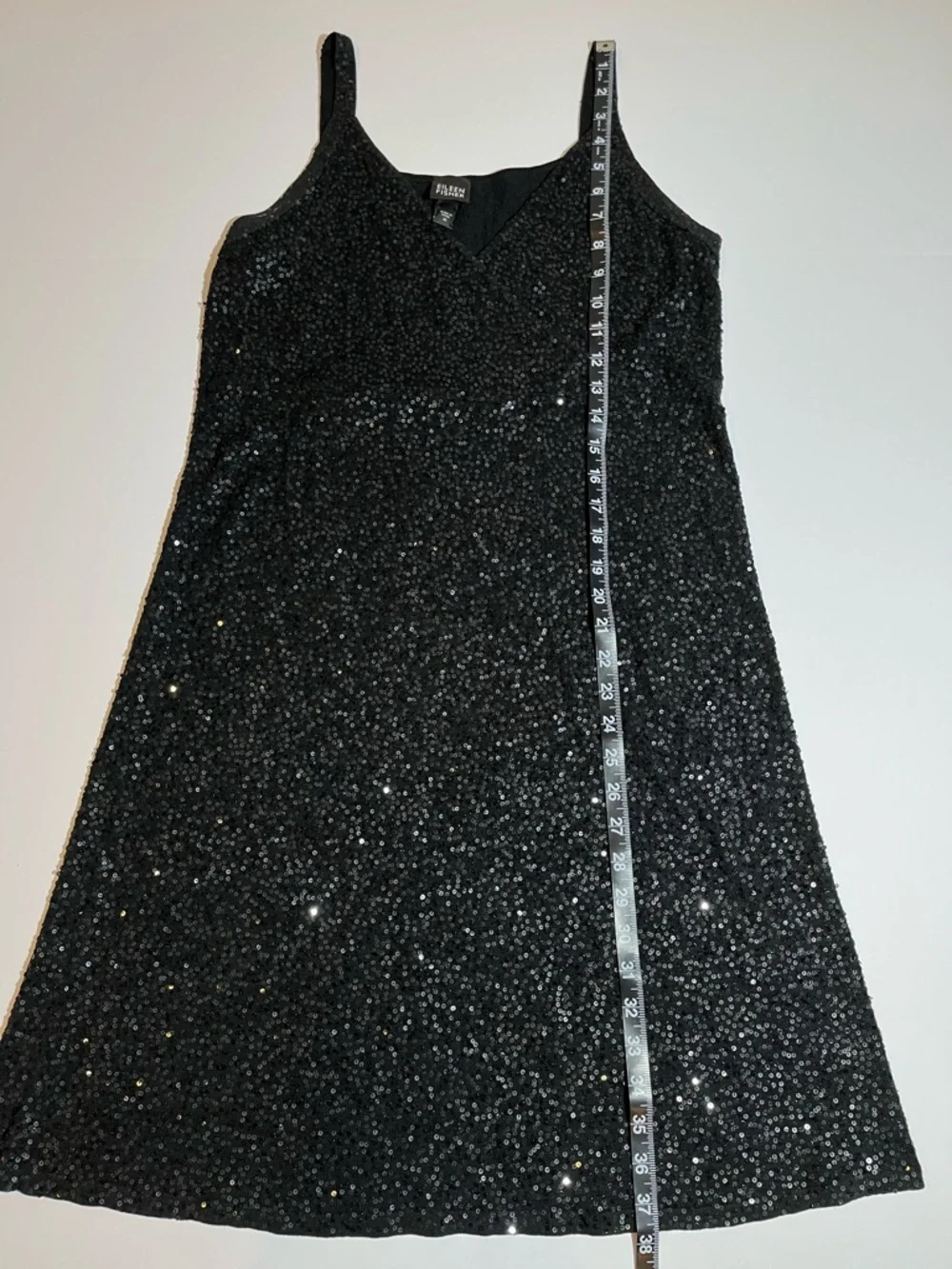 Eileen Fisher Black Sequin Silk Blend Sleeveless Shift Short Dress V Neck Medium - Picture 8 of 10